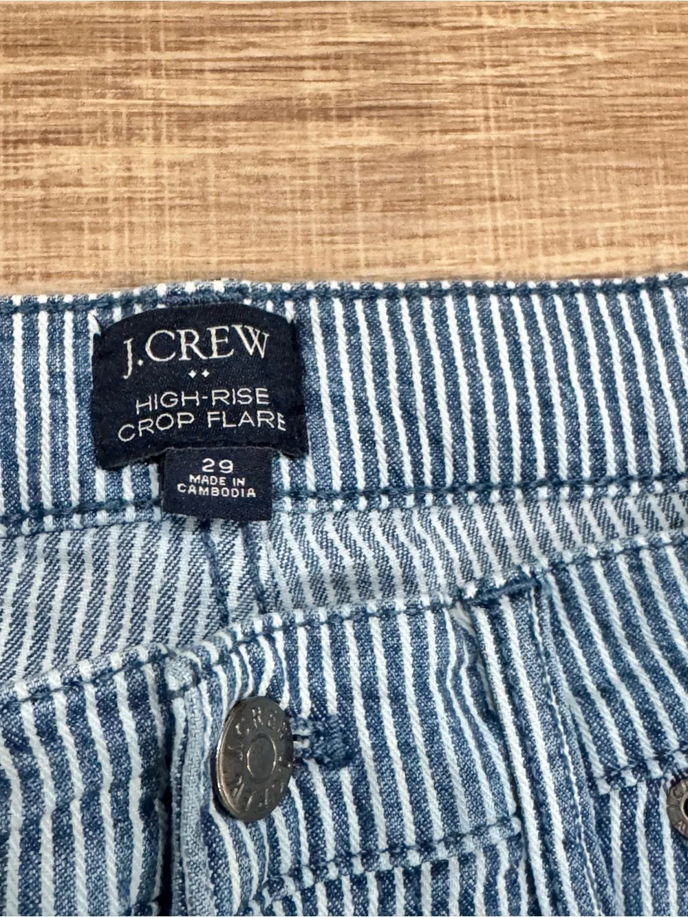 J.Crew High Rise Crop Flare Railroad Stripe Jeans Size 29 Blue White Denim